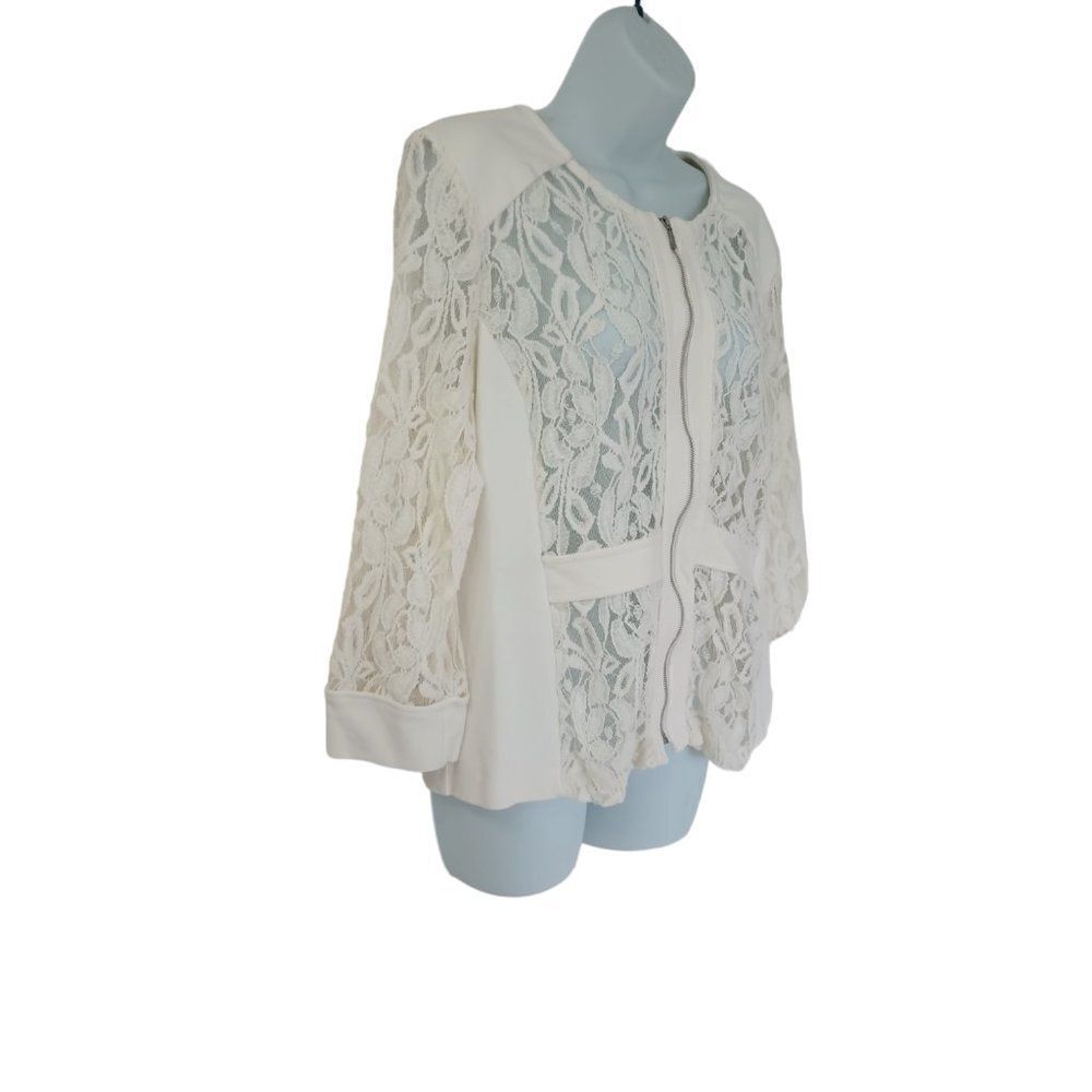 Kate & Mallory Ivory Lace Zip‎ Jacket Sheer Floral 3/4 Sleeve Blazer Women’s L - Picture 7 of 9